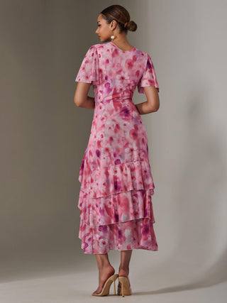 Mesh Print Frill Hem Midaxi Dress, Pink Abstract