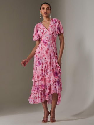 Mesh Print Frill Hem Midaxi Dress, Pink Abstract