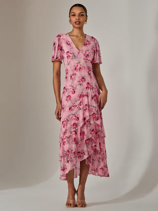 Mesh Print Frill Hem Midaxi Dress, Pink Floral