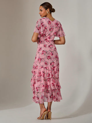 Mesh Print Frill Hem Midaxi Dress, Pink Floral