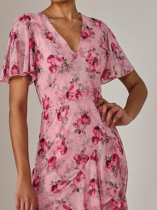 Mesh Print Frill Hem Midaxi Dress, Pink Floral