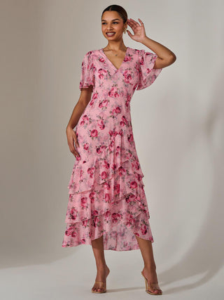 Mesh Print Frill Hem Midaxi Dress, Pink Floral