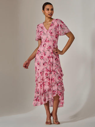 Mesh Print Frill Hem Midaxi Dress, Pink Floral