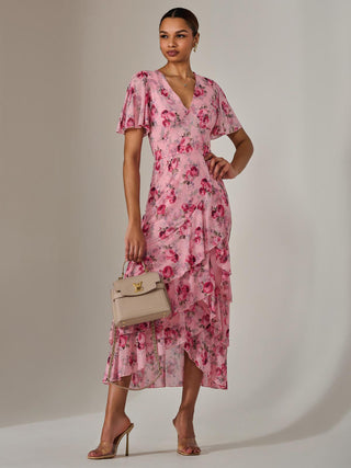 Mesh Print Frill Hem Midaxi Dress, Pink Floral