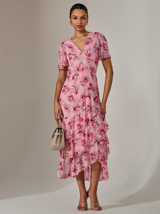 Mesh Print Frill Hem Midaxi Dress, Pink Floral