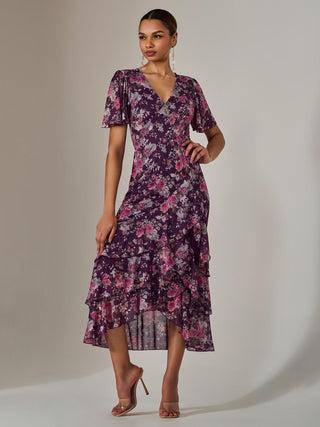 Mesh Print Frill Hem Midaxi Dress, Purple Floral