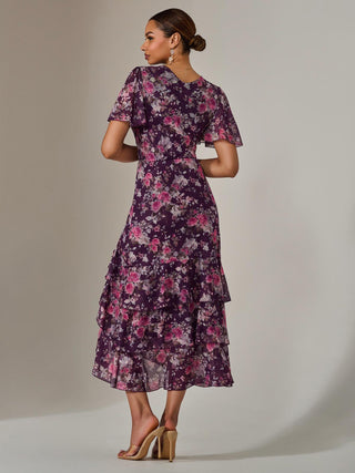Mesh Print Frill Hem Midaxi Dress, Purple Floral
