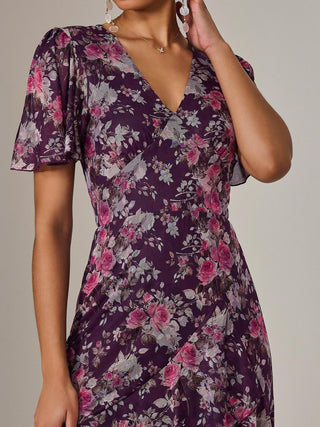 Mesh Print Frill Hem Midaxi Dress, Purple Floral