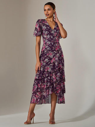 Mesh Print Frill Hem Midaxi Dress, Purple Floral