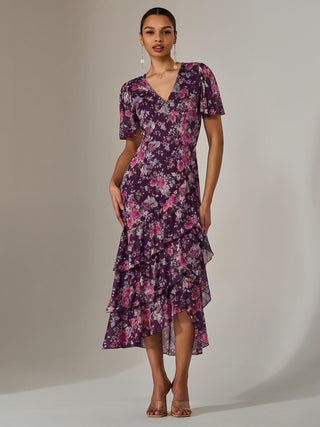 Mesh Print Frill Hem Midaxi Dress, Purple Floral