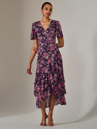 Mesh Print Frill Hem Midaxi Dress, Purple Floral