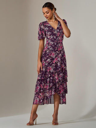 Mesh Print Frill Hem Midaxi Dress, Purple Floral