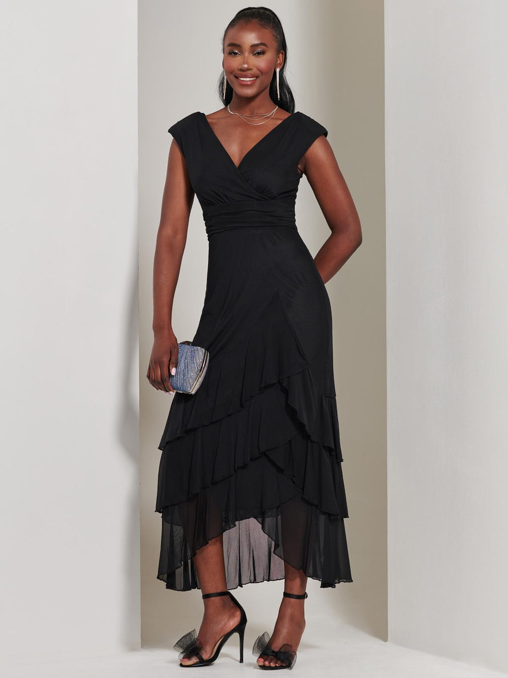 mesh frill dress Wrap Bodice Mesh Frill Maxi Dress, Black – Jolie Moi Wholesale
