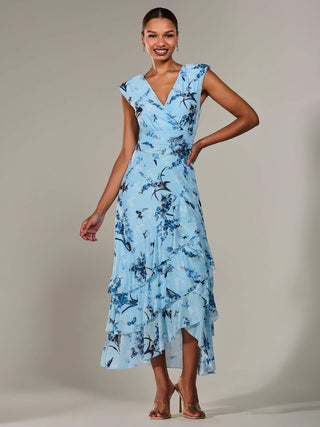 Sleeveless Ruffle Midi Dress, Blue Floral