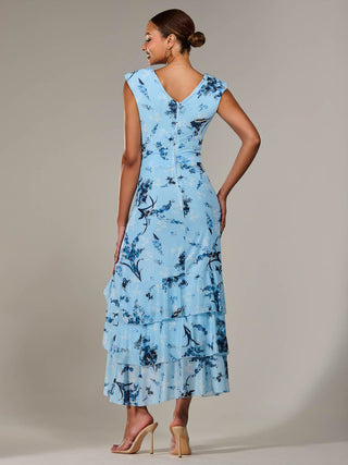 Sleeveless Ruffle Midi Dress, Blue Floral