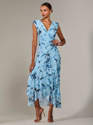 Sleeveless Ruffle Midi Dress, Blue Floral