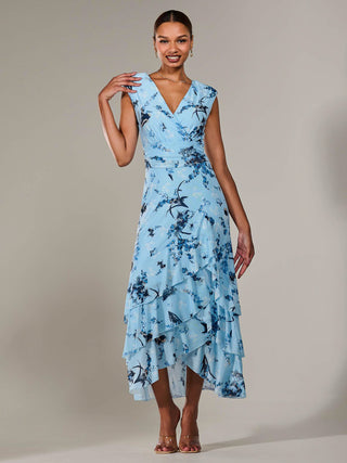 Sleeveless Ruffle Midi Dress, Blue Floral