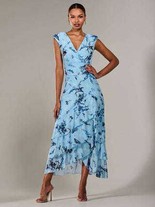 Sleeveless Ruffle Midi Dress, Blue Floral