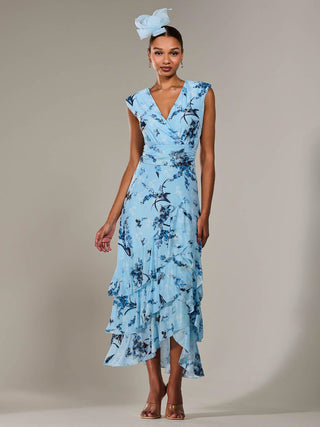 Sleeveless Ruffle Midi Dress, Blue Floral