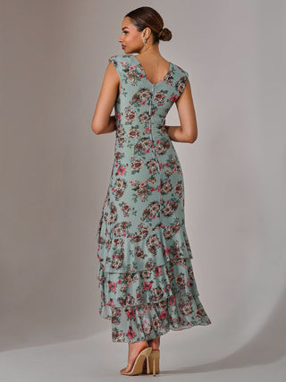 Sleeveless Ruffle Midi Dress, Green Floral
