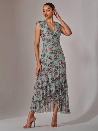 Sleeveless Ruffle Midi Dress, Green Floral