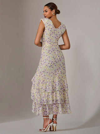 Sleeveless Ruffle Midi Dress, Purple Floral