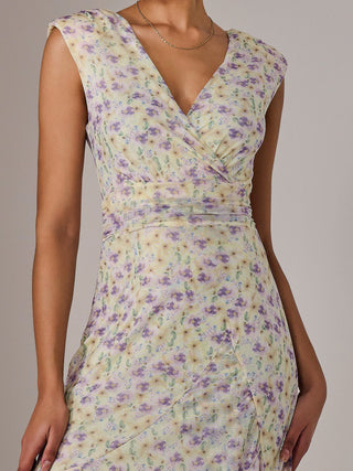 Sleeveless Ruffle Midi Dress, Purple Floral