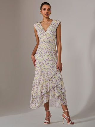 Sleeveless Ruffle Midi Dress, Purple Floral