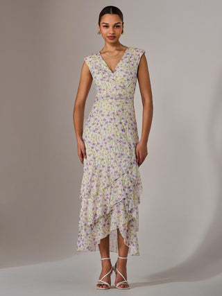 Sleeveless Ruffle Midi Dress, Purple Floral