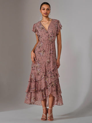 Printed Wrap Ruffle Maxi Dress, Dusty Pink