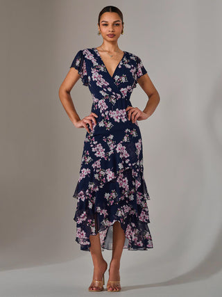 Printed Wrap Ruffle Maxi Dress, Navy Floral