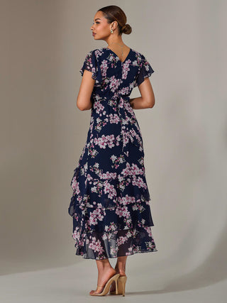 Printed Wrap Ruffle Maxi Dress, Navy Floral