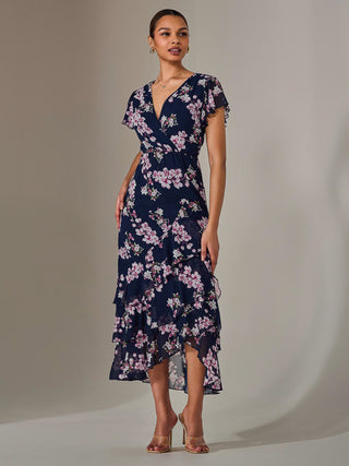 Printed Wrap Ruffle Maxi Dress, Navy Floral