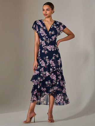 Printed Wrap Ruffle Maxi Dress, Navy Floral