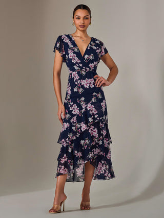 Printed Wrap Ruffle Maxi Dress, Navy Floral