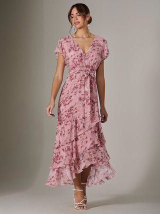Printed Wrap Ruffle Maxi Dress, Pink Floral