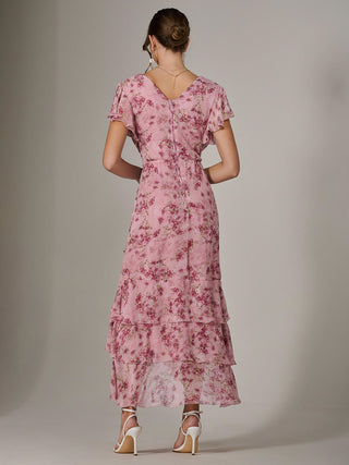 Printed Wrap Ruffle Maxi Dress, Pink Floral