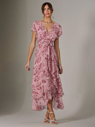 Printed Wrap Ruffle Maxi Dress, Pink Floral