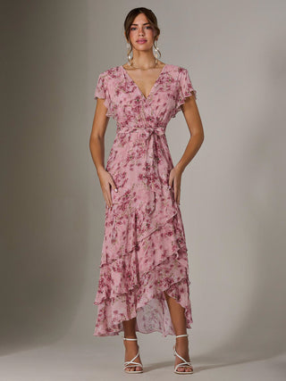 Printed Wrap Ruffle Maxi Dress, Pink Floral