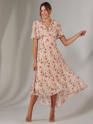 Charlotte Pleated Chiffon Midaxi Dress, Beige Floral