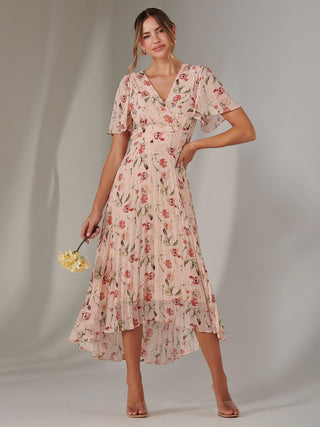 Charlotte Pleated Chiffon Midaxi Dress, Beige Floral