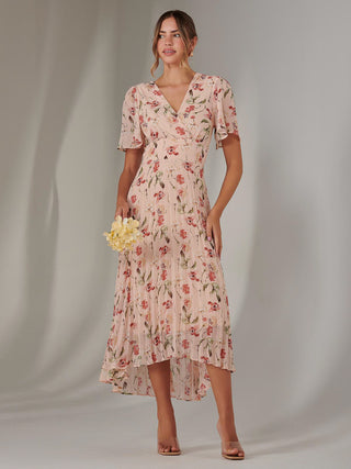 Charlotte Pleated Chiffon Midaxi Dress, Beige Floral