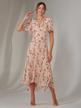 Charlotte Pleated Chiffon Midaxi Dress, Beige Floral