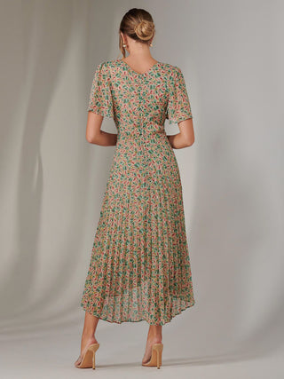 Charlotte Pleated Chiffon Midaxi Dress, Beige Multi
