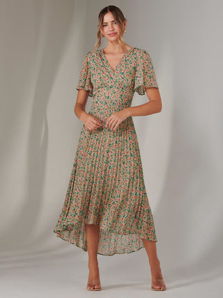 Charlotte Pleated Chiffon Midaxi Dress, Beige Multi