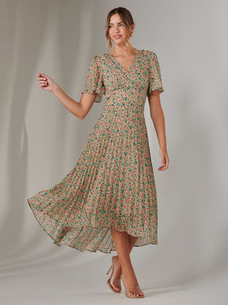 Charlotte Pleated Chiffon Midaxi Dress, Beige Multi
