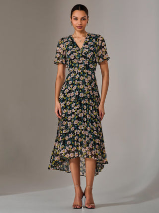 Charlotte Pleated Chiffon Midaxi Dress, Black Floral