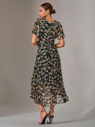 Charlotte Pleated Chiffon Midaxi Dress, Black Floral