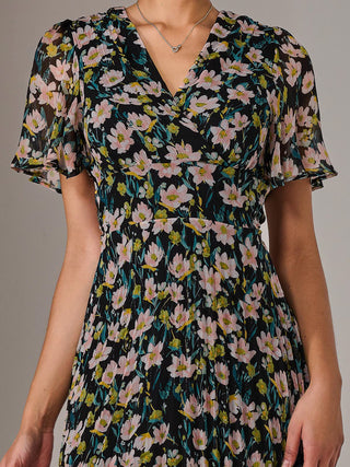 Charlotte Pleated Chiffon Midaxi Dress, Black Floral
