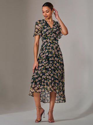 Charlotte Pleated Chiffon Midaxi Dress, Black Floral